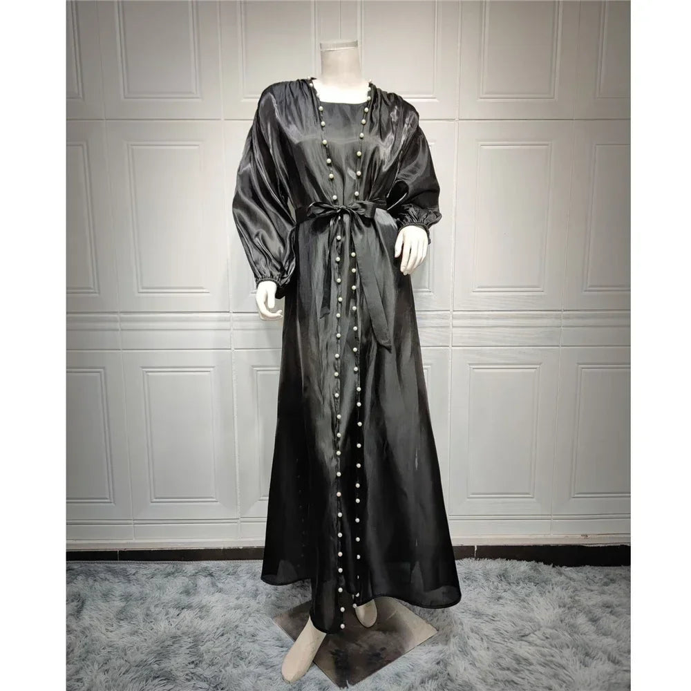 Elegant Two Pieces Matching Sets Beads Satin Abaya