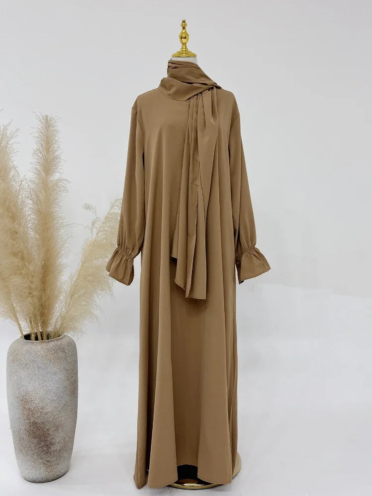 Flare Sleeve Modest Long Dresses with Scarf