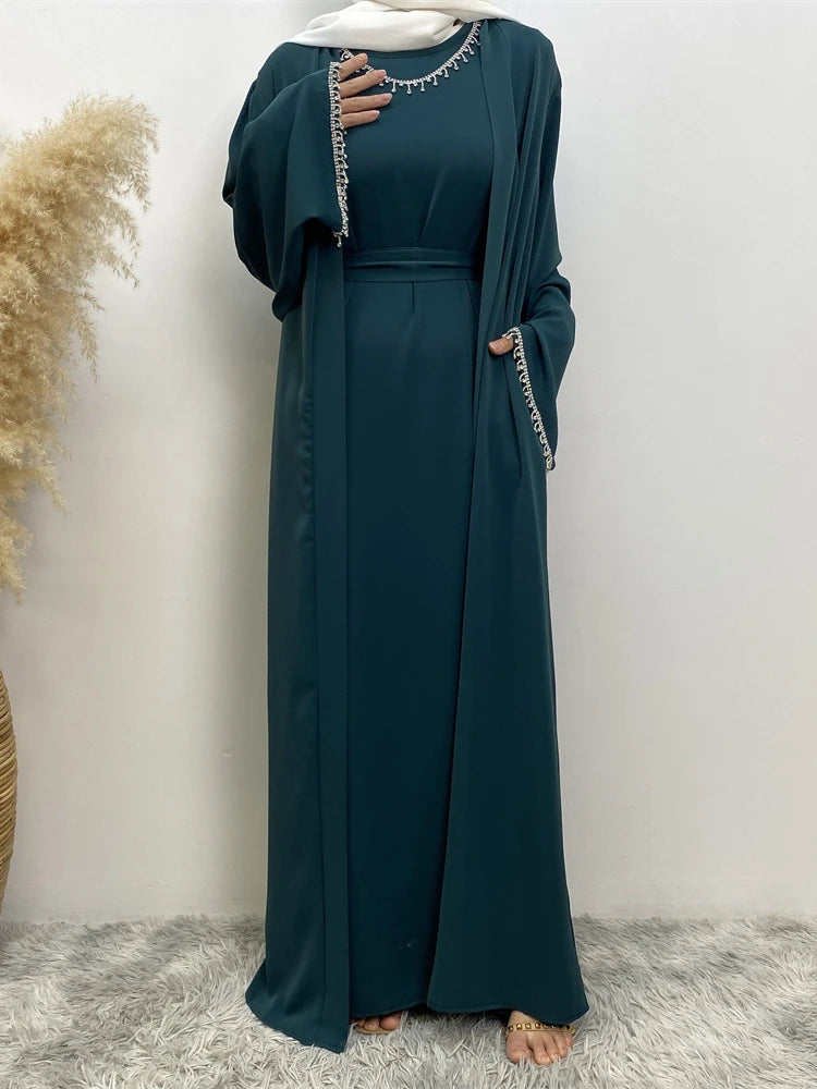 Eid Muslim Abaya Women 2 Piece Set with Inner Dress Diamond Kimono Cardigan Ramadan Abayas Kaftan Dubai Long Robe Vestidos Largo