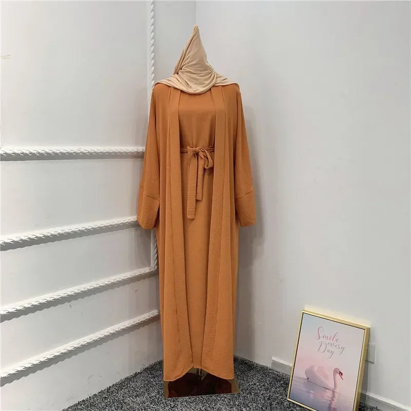 Ramadan Muslim Women 2/3 Piece Matching Set Open Abayas Dubai Dress Hijab Kimono Gowns Turkey Arab Islamic Clothing Kaftan Robe