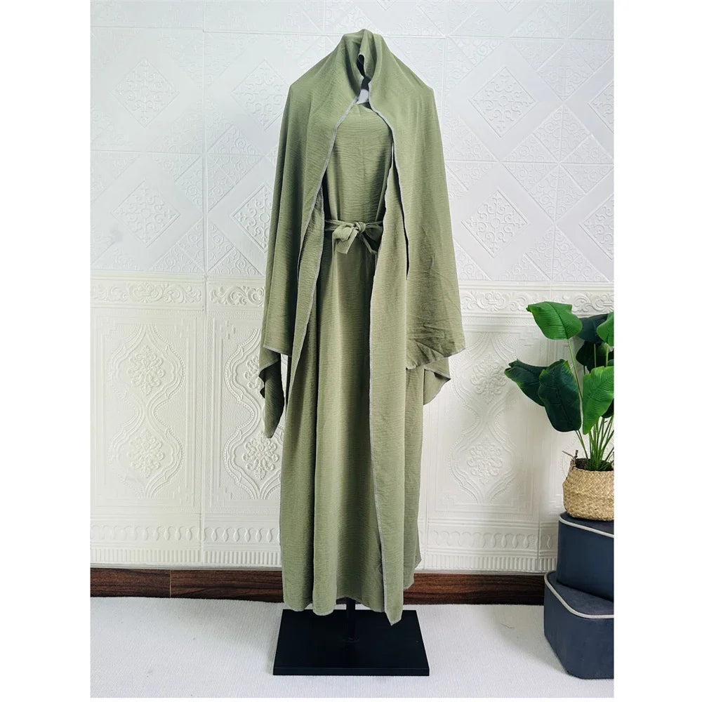 3 Piece Mathing Set Muslim Women Abaya Kimono Sleeveless Inner Dress Hijab Suit Turkey Kaftan Dubai Arabic Robes Ramadan Caftan