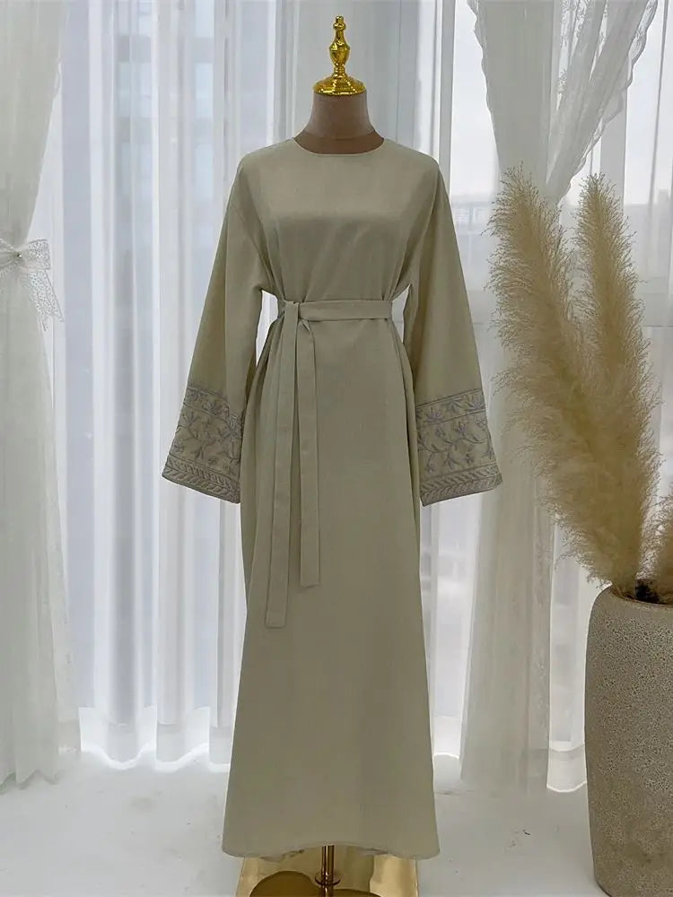 Elegant Linen Abaya – Embroidered Floral Kaftan Modest Dress