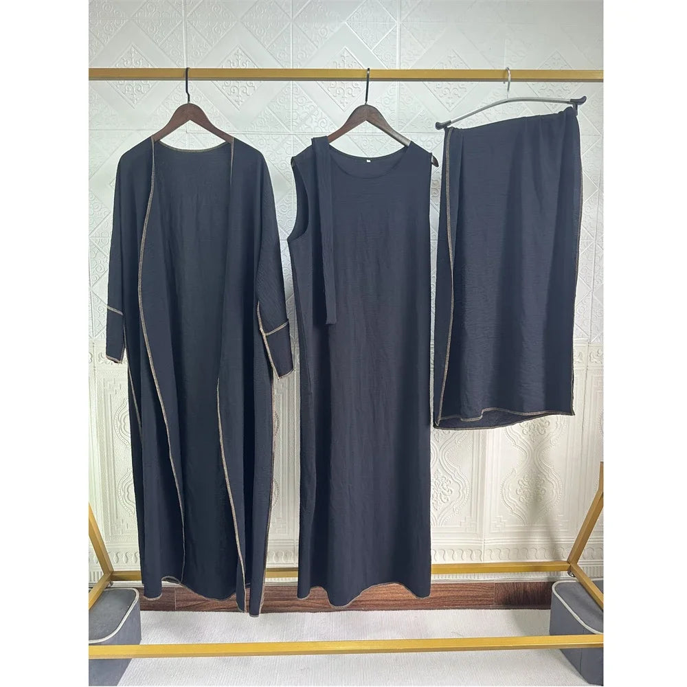 3 Piece Mathing Set Muslim Women Abaya Kimono Sleeveless Inner Dress Hijab Suit Turkey Kaftan Dubai Arabic Robes Ramadan Caftan