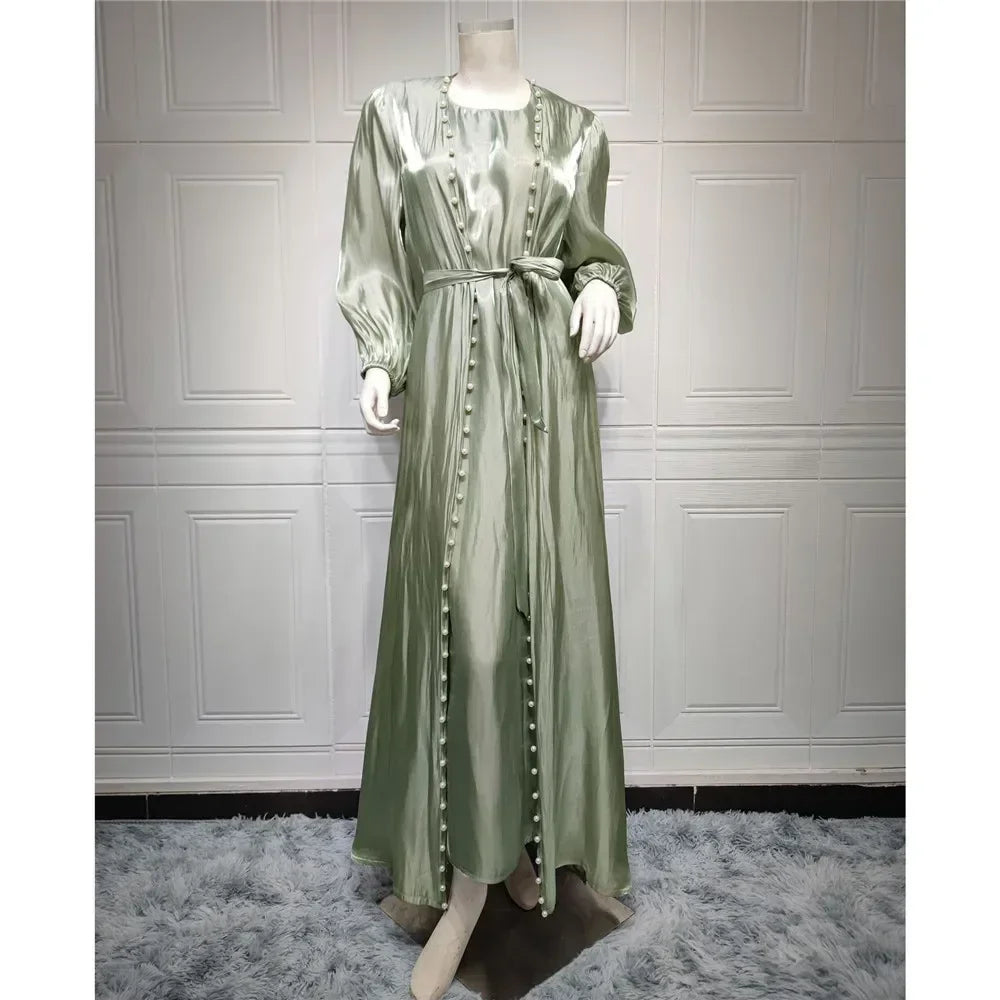 Elegant Two Pieces Matching Sets Beads Satin Abaya