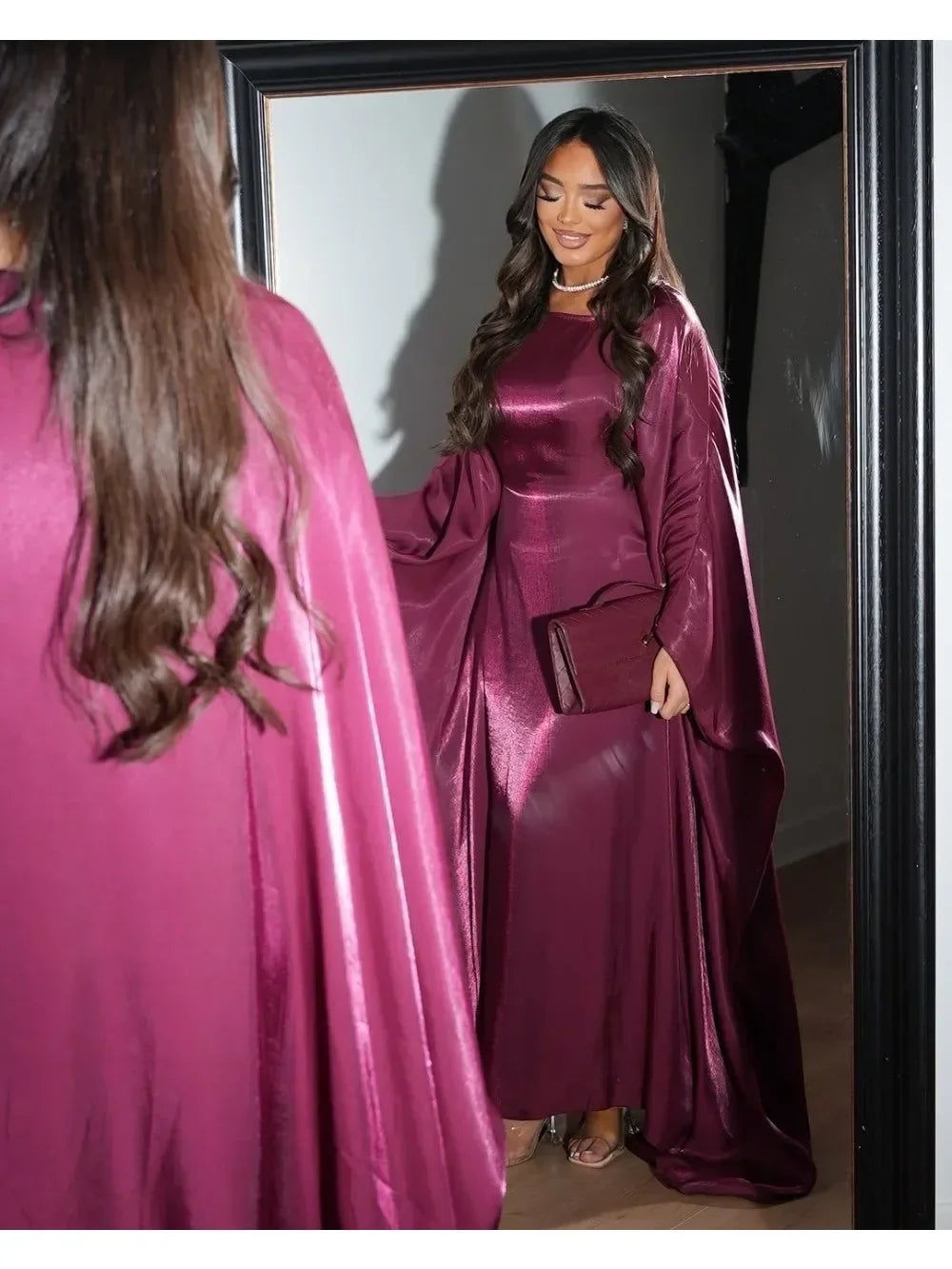 Eid Muslim Dress Women Abaya Eid Silky Party Dresses Bat Sleeve Arab Robe Dubai Islam Vestidos Largos Ramadan Jalabiya 2025