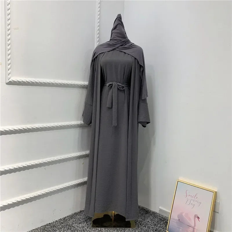 Ramadan Muslim Women 2/3 Piece Matching Set Open Abayas Dubai Dress Hijab Kimono Gowns Turkey Arab Islamic Clothing Kaftan Robe