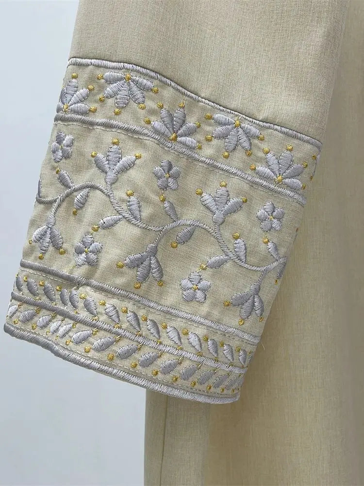 Elegant Linen Abaya – Embroidered Floral Kaftan Modest Dress