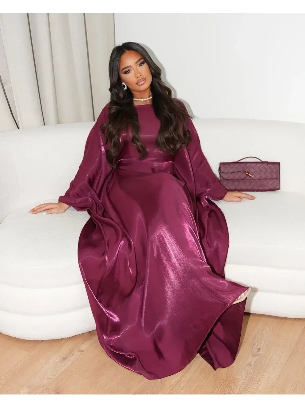 Eid Muslim Dress Women Abaya Eid Silky Party Dresses Bat Sleeve Arab Robe Dubai Islam Vestidos Largos Ramadan Jalabiya 2025