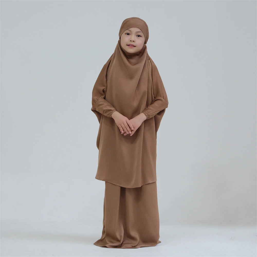 Eid Kids Prayer Garment Dress Muslim Girls Long Khimar Hijab Turkey Abaya Dresses Islamic Skirt Set Full Cover Robe Ramadan