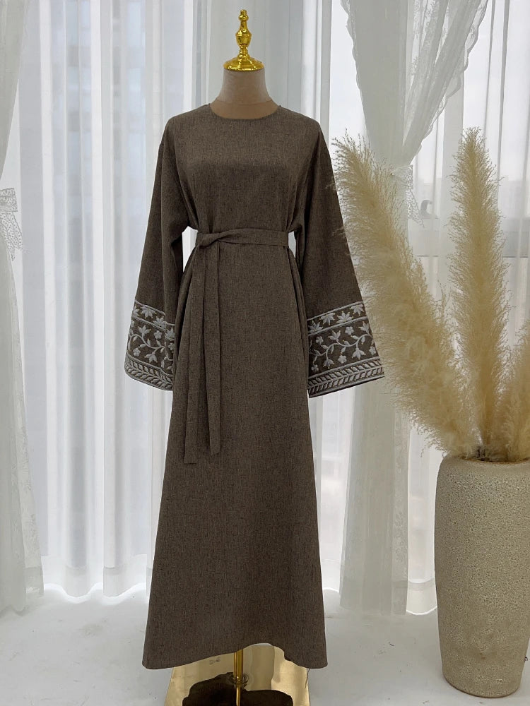 Floral Embroidery Muslim Abaya for Women Eid Dress Morocco Ramadan Lace-up Abayas Kaftan Islam Vestidos Dubai Arab Long Robe
