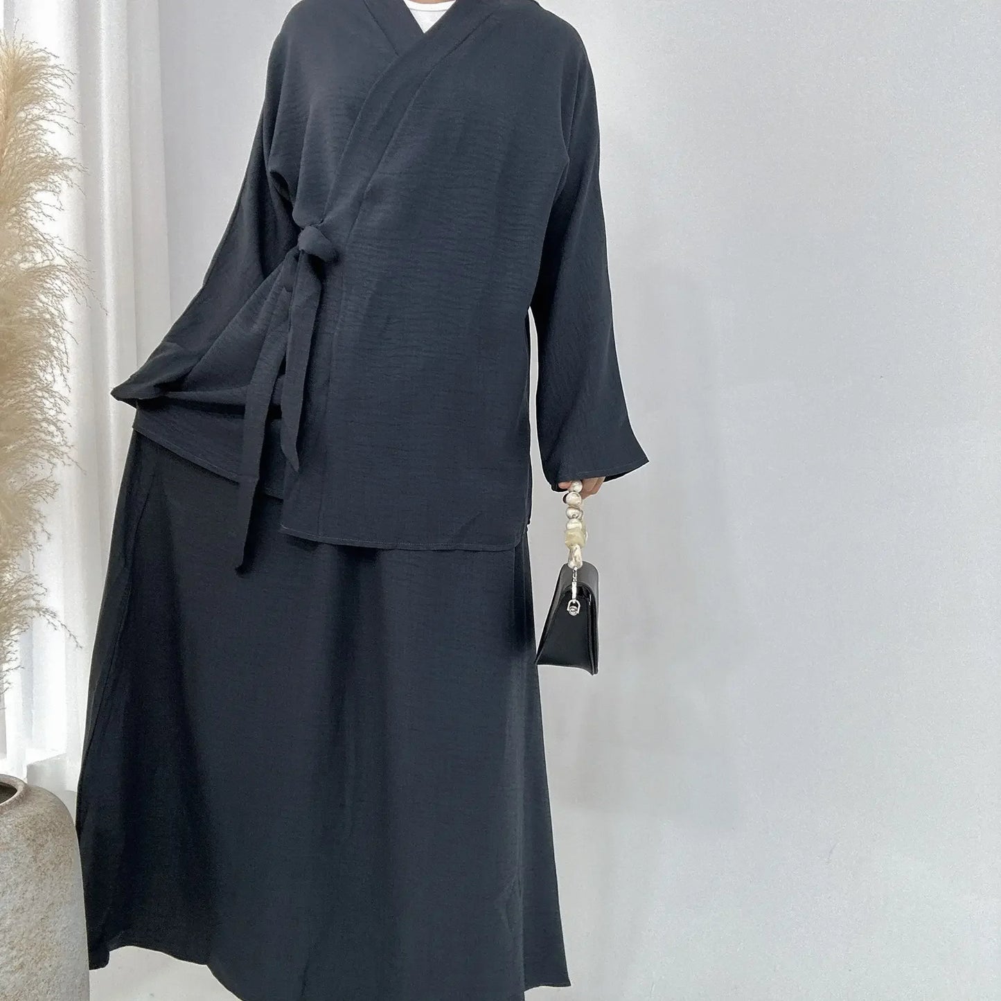 Dubai Kimono Modest  Matching  2 Piece set  Dress Lace Up Top Skirt Suit