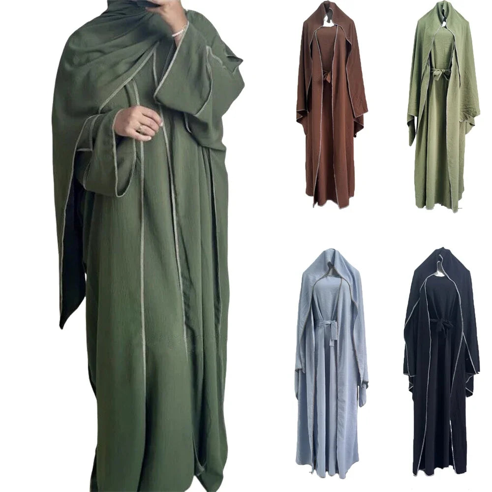 3 Piece Mathing Set Muslim Women Abaya Kimono Sleeveless Inner Dress Hijab Suit Turkey Kaftan Dubai Arabic Robes Ramadan Caftan