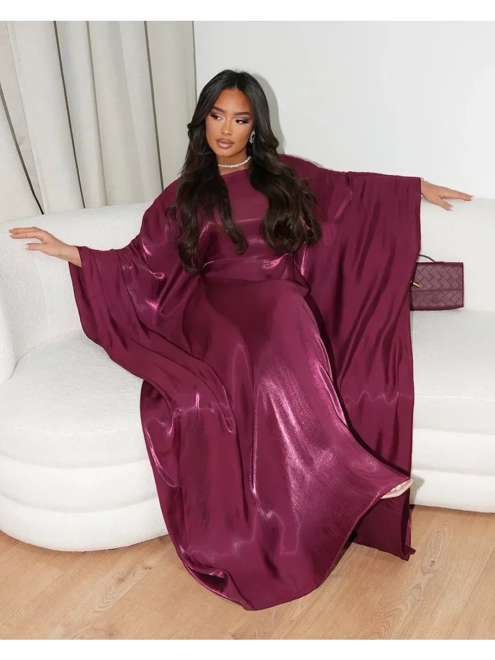 Eid Muslim Dress Women Abaya Eid Silky Party Dresses Bat Sleeve Arab Robe Dubai Islam Vestidos Largos Ramadan Jalabiya 2025