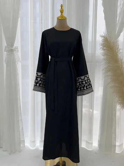 Floral Embroidered Lace-Up Abaya – Long Kaftan Robe