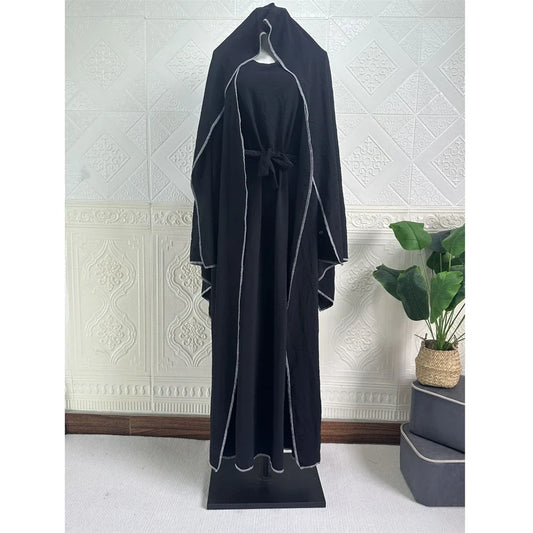 3 Piece Mathing Set Muslim Women Abaya Kimono Sleeveless Inner Dress Hijab Suit Turkey Kaftan Dubai Arabic Robes Ramadan Caftan
