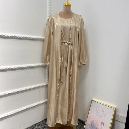 Elegant Two Pieces Matching Sets Beads Satin Abaya