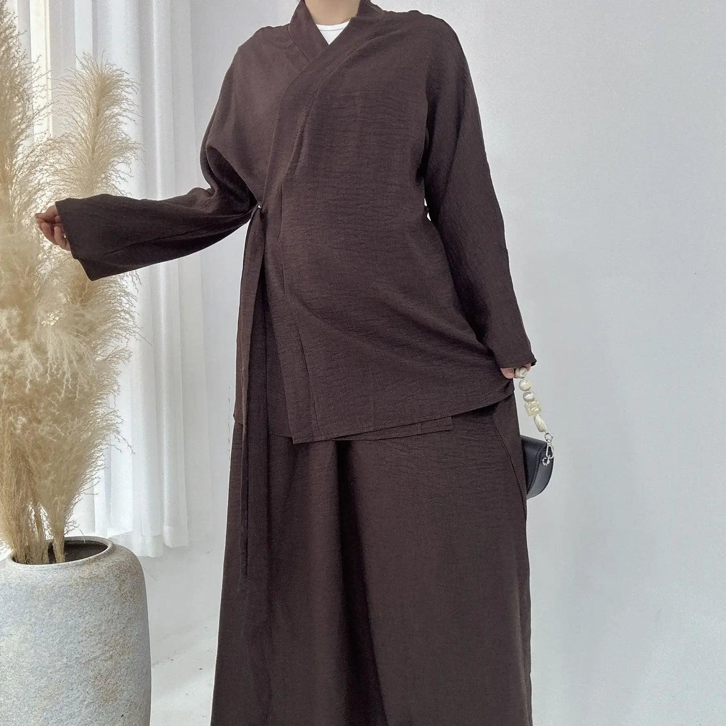 Dubai Kimono Modest  Matching  2 Piece set  Dress Lace Up Top Skirt Suit