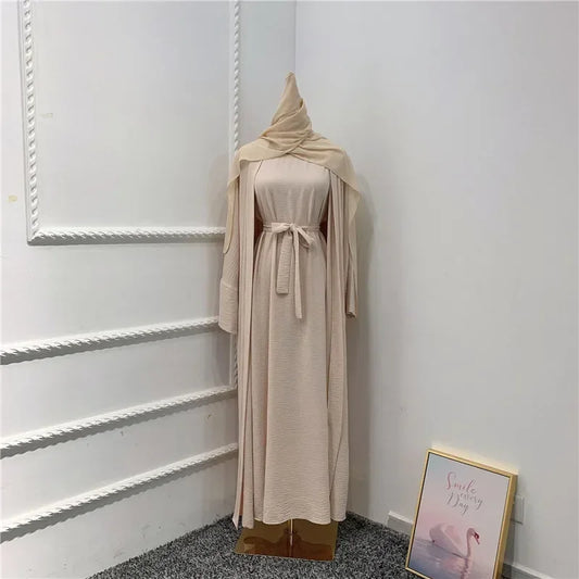 Ramadan Muslim Women 2/3 Piece Matching Set Open Abayas Dubai Dress Hijab Kimono Gowns Turkey Arab Islamic Clothing Kaftan Robe