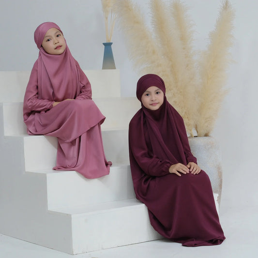 Girls 2PCS Hijab Dress – Hooded Prayer Abaya with Khimar & Skirt