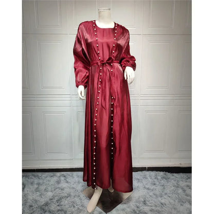 Elegant Two Pieces Matching Sets Beads Satin Abaya