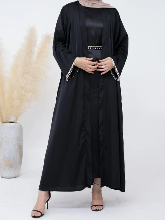 Eid Silky Satin Party Abayas Set 2 Piece Ramadan Women with 2 Diamond Chains Cardigan Robe Islamic Abaya 2024