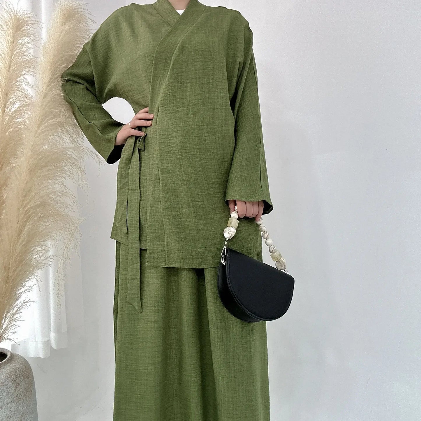 Dubai Kimono Modest  Matching  2 Piece set  Dress Lace Up Top Skirt Suit
