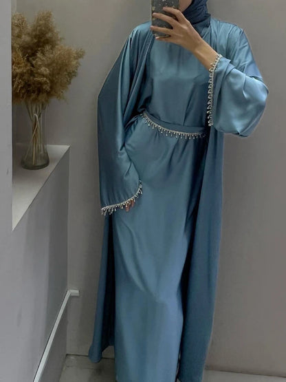 Silky Satin Party Abayas Set 2 Piece with 2 Diamond Chains Cardigan Robe