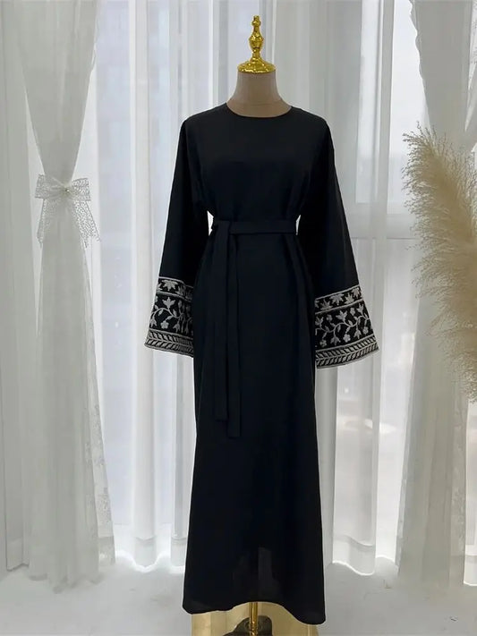 Elegant Linen Abaya – Embroidered Floral Kaftan Modest Dress