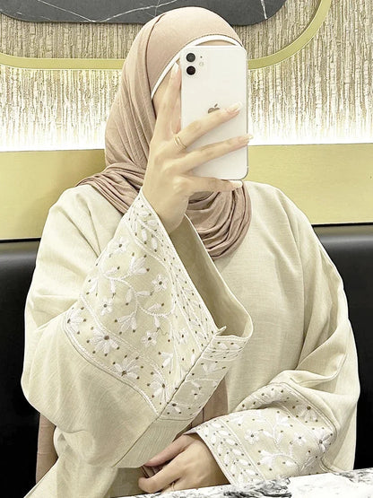 Floral Embroidered Lace-Up Abaya – Long Kaftan Robe