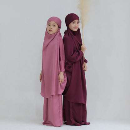 Girls 2PCS Hijab Dress – Hooded Prayer Abaya with Khimar & Skirt