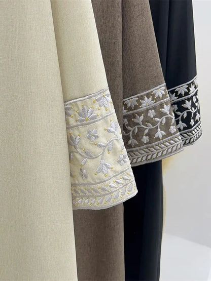 Elegant Linen Abaya – Embroidered Floral Kaftan Modest Dress