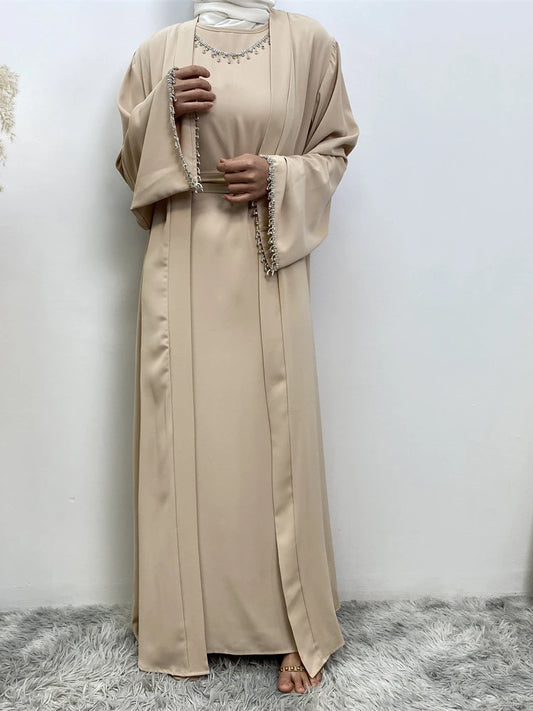 Eid Muslim Abaya Women 2 Piece Set with Inner Dress Diamond Kimono Cardigan Ramadan Abayas Kaftan Dubai Long Robe Vestidos Largo