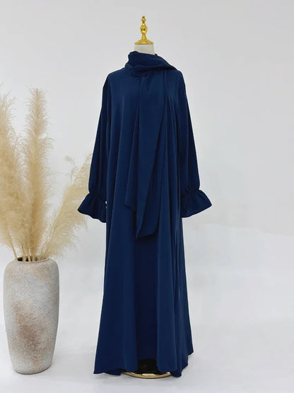 Flare Sleeve Modest Long Dress with Scarf