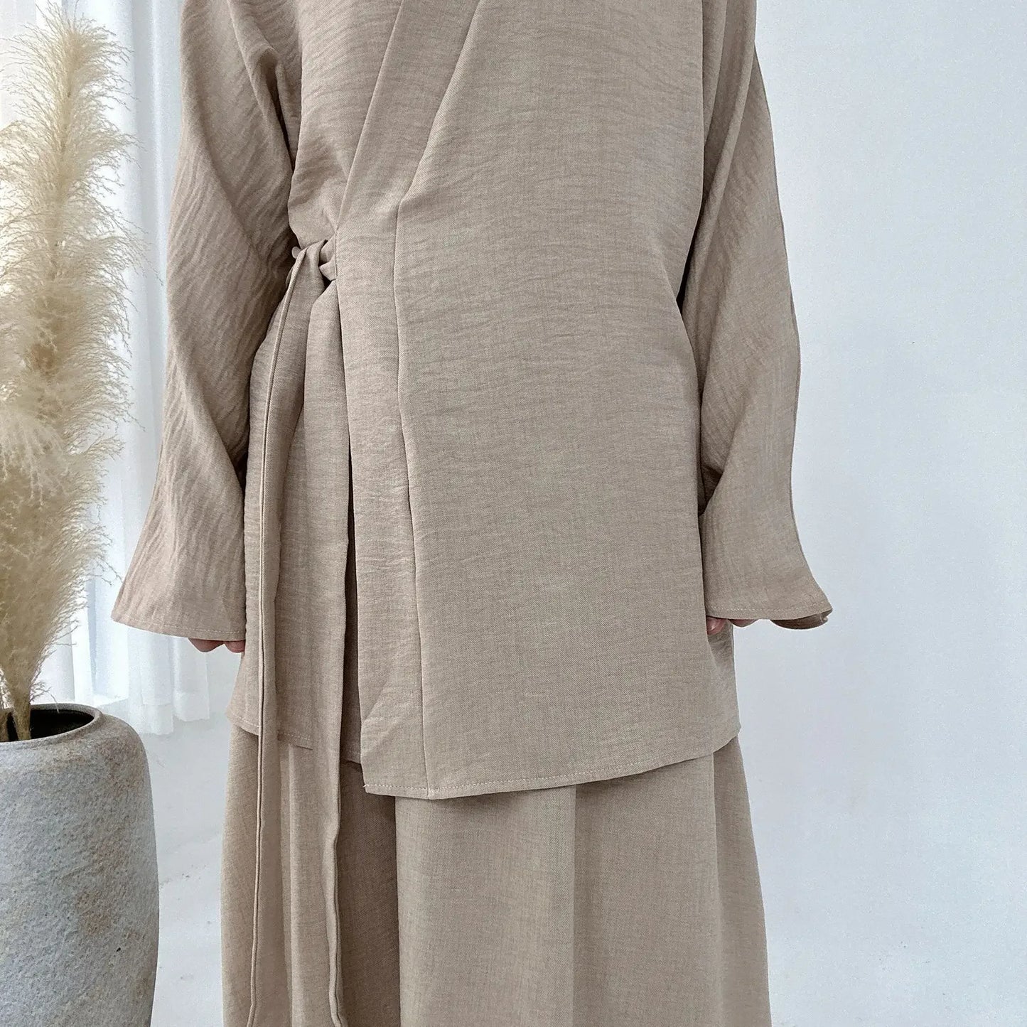 Dubai Kimono Modest  Matching  2 Piece set  Dress Lace Up Top Skirt Suit