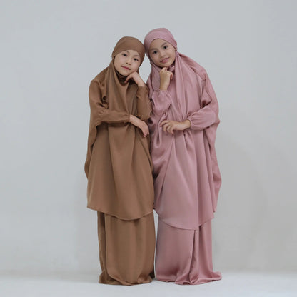 Girls 2PCS Hijab Dress – Hooded Prayer Abaya with Khimar & Skirt