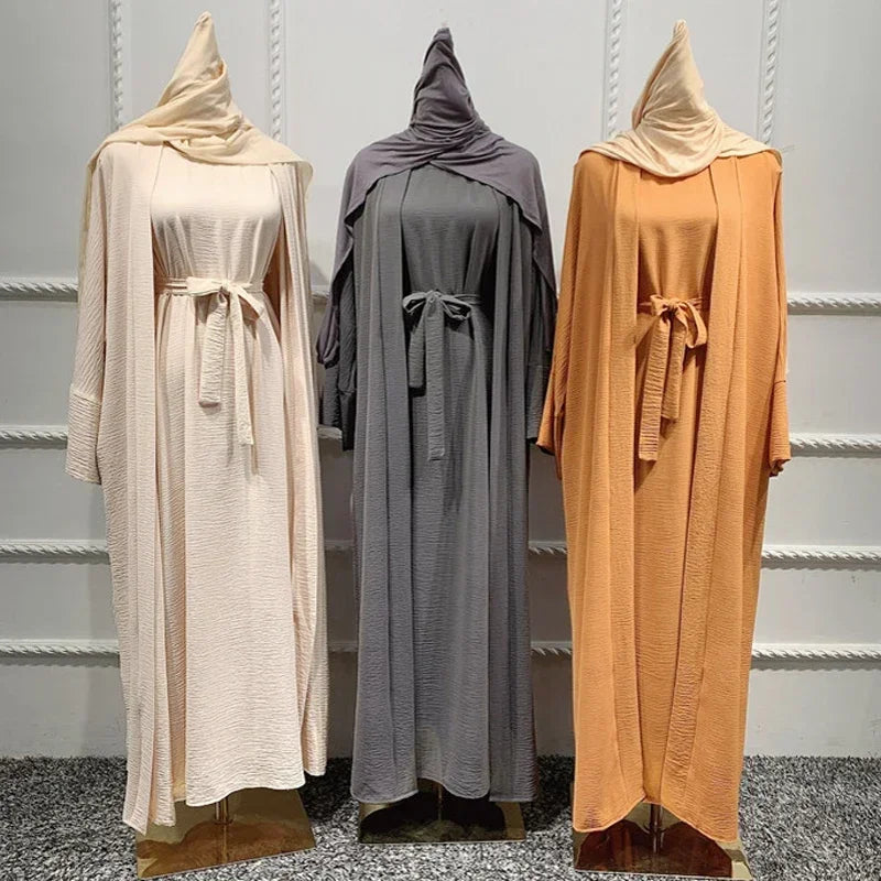 Ramadan Muslim Women 2/3 Piece Matching Set Open Abayas Dubai Dress Hijab Kimono Gowns Turkey Arab Islamic Clothing Kaftan Robe