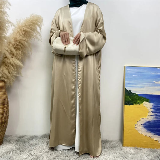 Ramadan Kimono Abayas for Women Modest Muslim Moroccan Dubai Fashion Dress Open Front Abaya Satin Eid Al Adha 2025 Islam Clothes