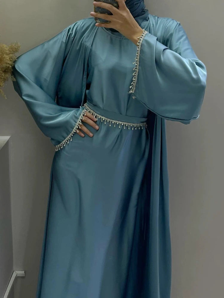 Eid Silky Satin Party Abayas Set 2 Piece Ramadan Women with 2 Diamond Chains Cardigan Robe Islamic Abaya 2024