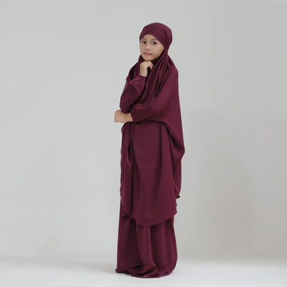 Girls 2PCS Hijab Dress – Hooded Prayer Abaya with Khimar & Skirt