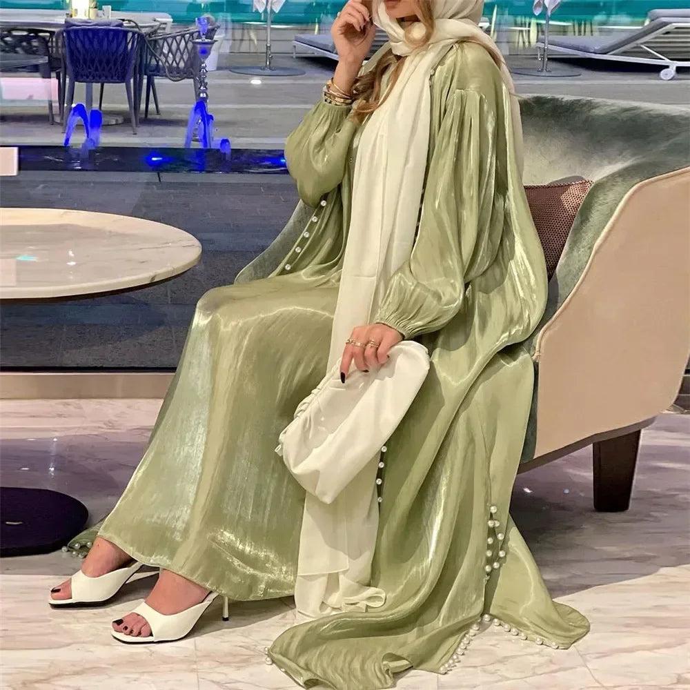 Elegant Two Pieces Matching Sets Beads Satin Abaya