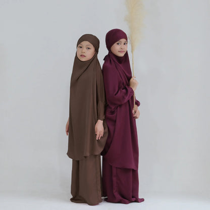 Girls 2PCS Hijab Dress – Hooded Prayer Abaya with Khimar & Skirt