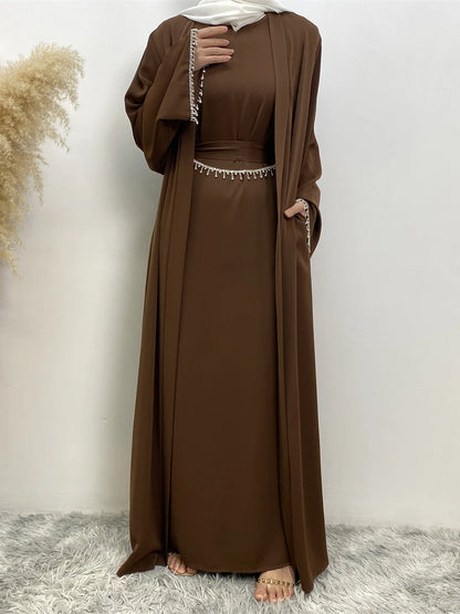 Eid Muslim Abaya Women 2 Piece Set with Inner Dress Diamond Kimono Cardigan Ramadan Abayas Kaftan Dubai Long Robe Vestidos Largo