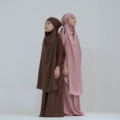 Girls 2PCS Hijab Dress – Hooded Prayer Abaya with Khimar & Skirt
