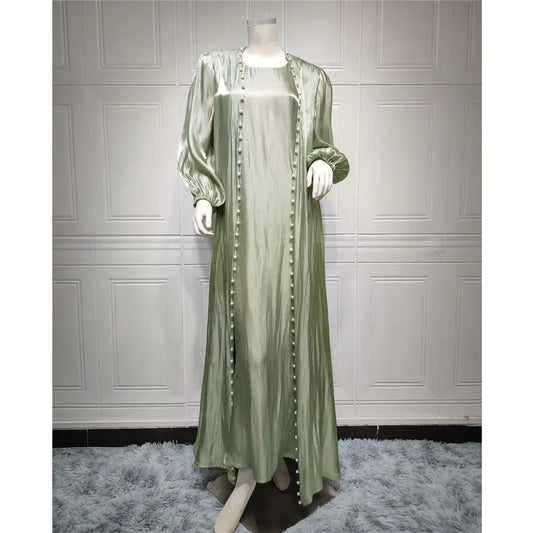 Elegant Two Pieces Matching Sets Beads Satin Abaya