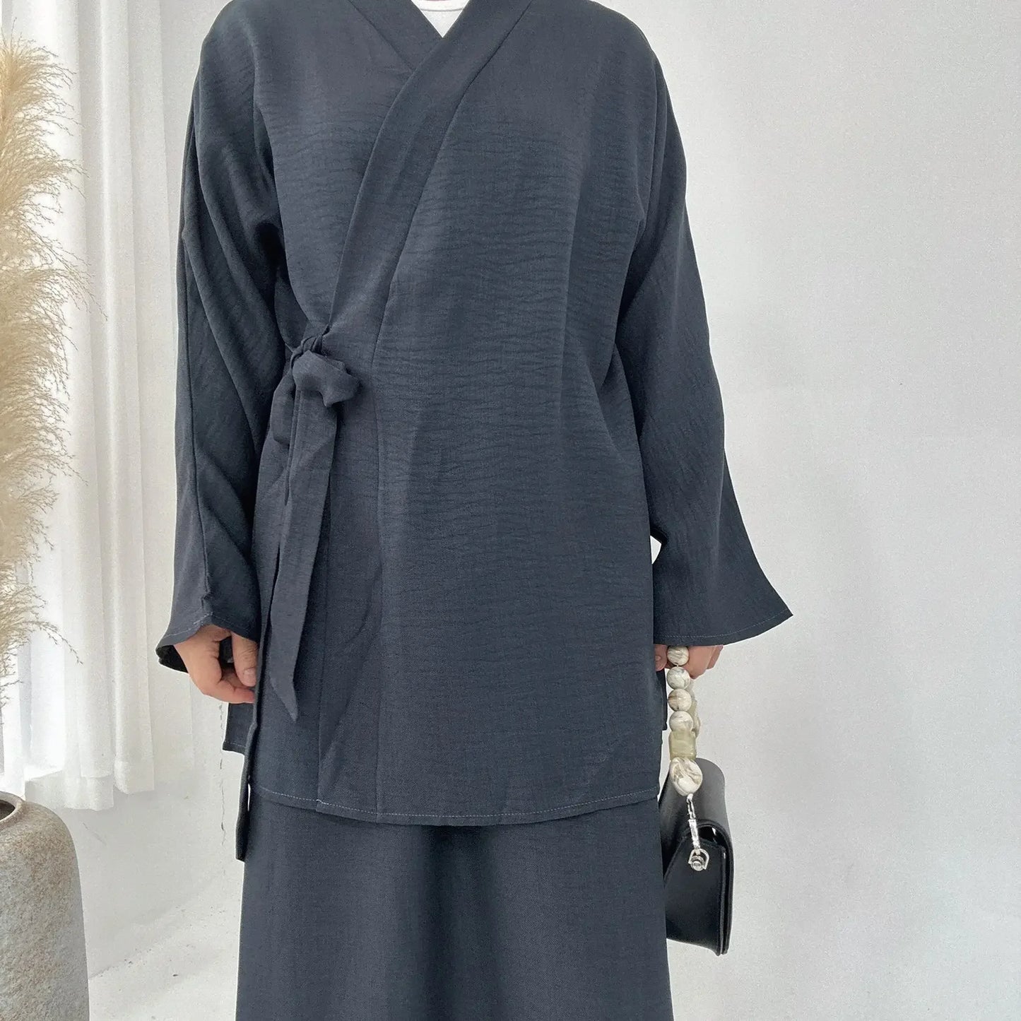 Dubai Kimono Modest  Matching  2 Piece set  Dress Lace Up Top Skirt Suit