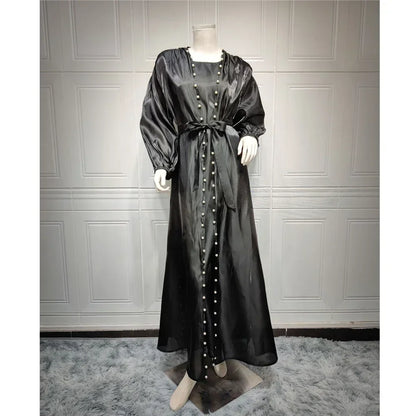 Elegant Two Pieces Matching Sets Beads Satin Abaya
