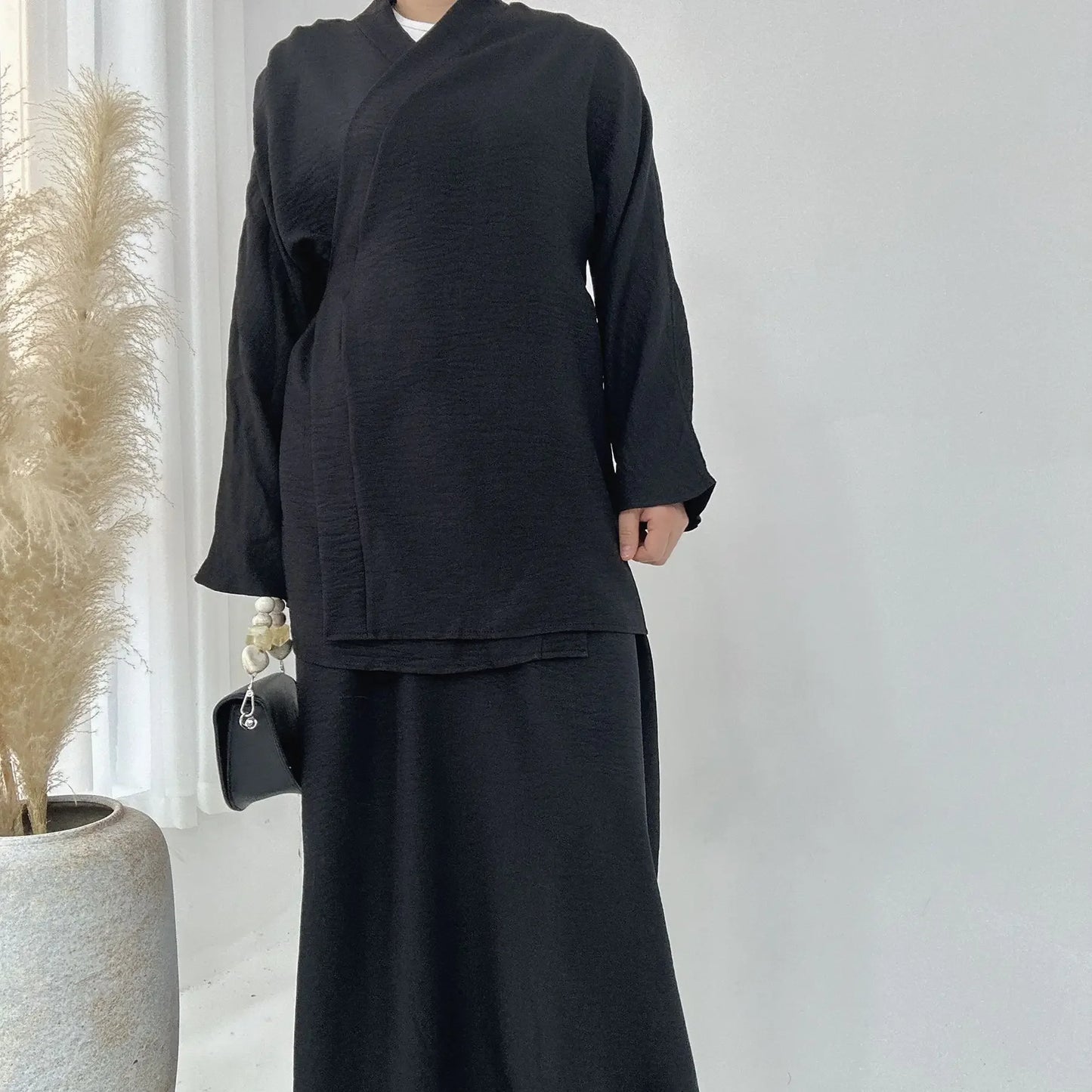Dubai Kimono Modest  Matching  2 Piece set  Dress Lace Up Top Skirt Suit