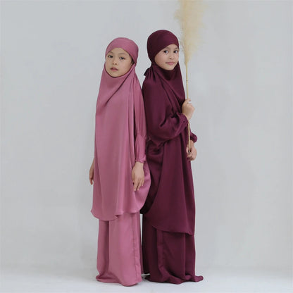 Eid Kids Prayer Garment Dress Muslim Girls Long Khimar Hijab Turkey Abaya Dresses Islamic Skirt Set Full Cover Robe Ramadan