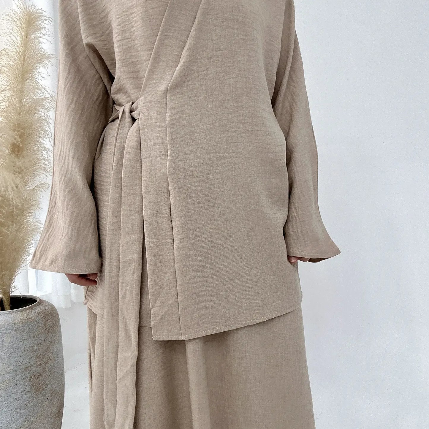 Dubai Kimono Modest  Matching  2 Piece set  Dress Lace Up Top Skirt Suit