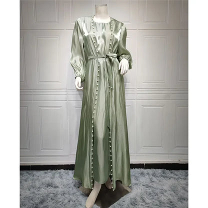 Elegant Two Pieces Matching Sets Beads Satin Abaya